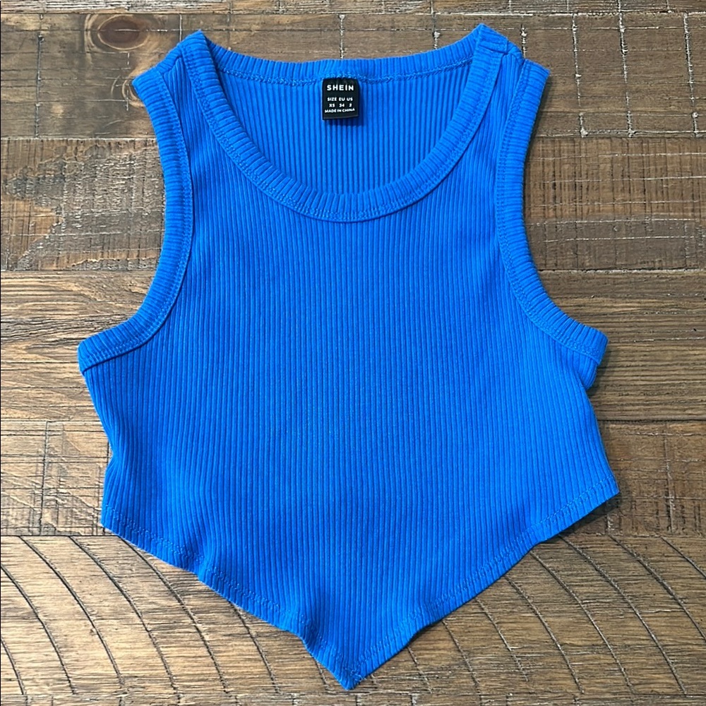 SHEIN Blue Asymmetrical Ribbed Crop Tank Top